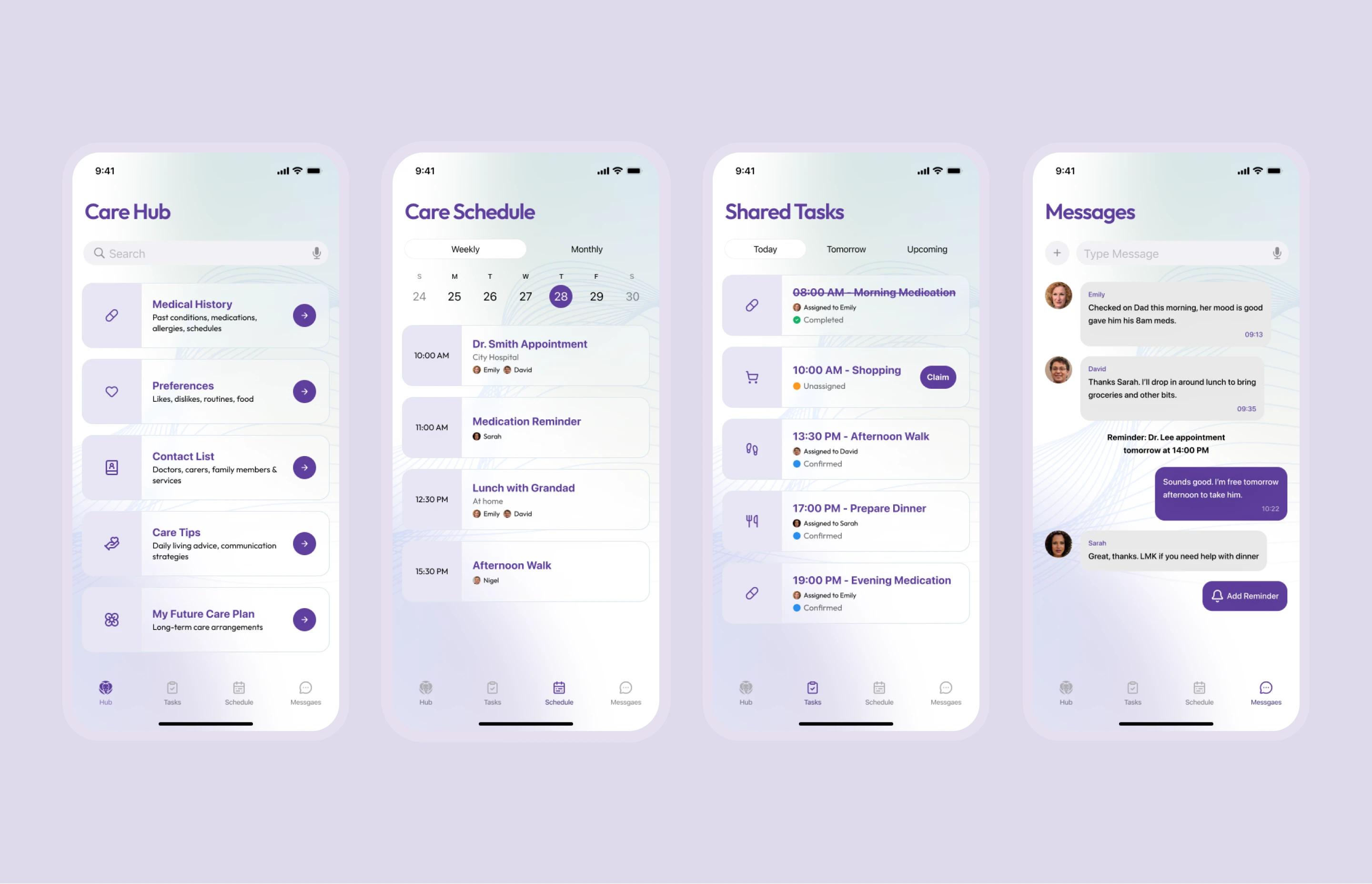 CoCare — mobile app coordination screens
