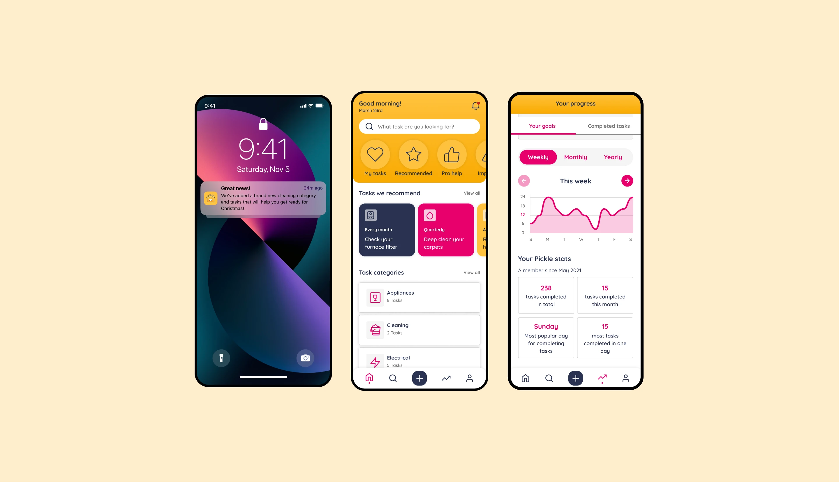 Pickle — final app screens showing home dashboard and task flow