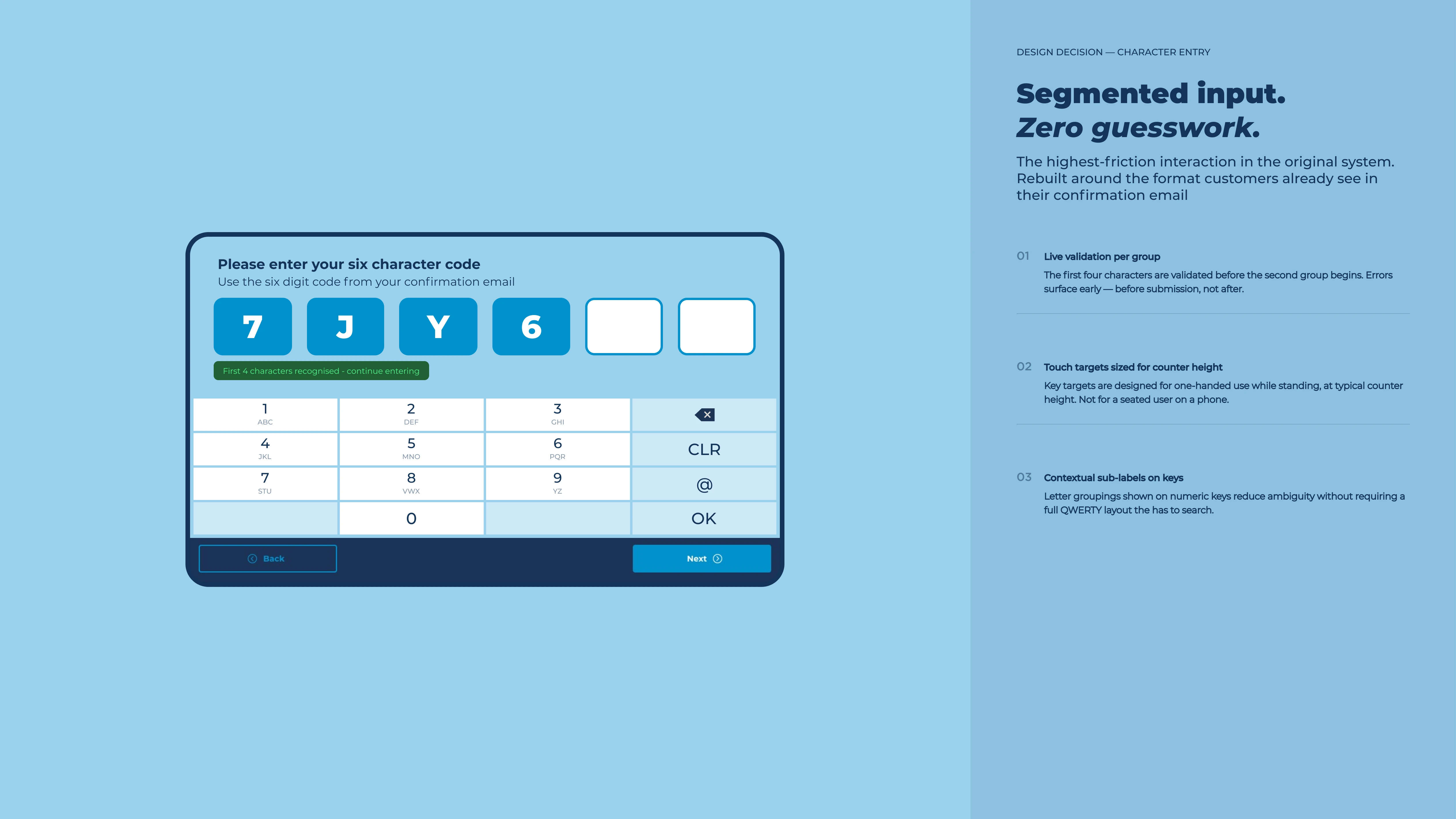 Redesigned interface screens — improved hierarchy and character entry